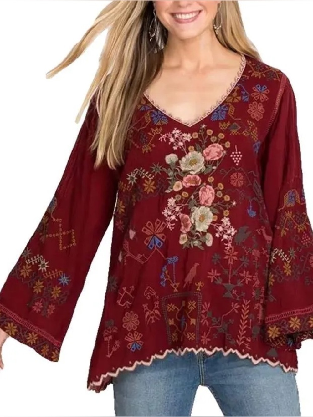 Johnny Was Burgundy Canterie Embroidered Kimono Floral Bell Sleeve Blouse size M